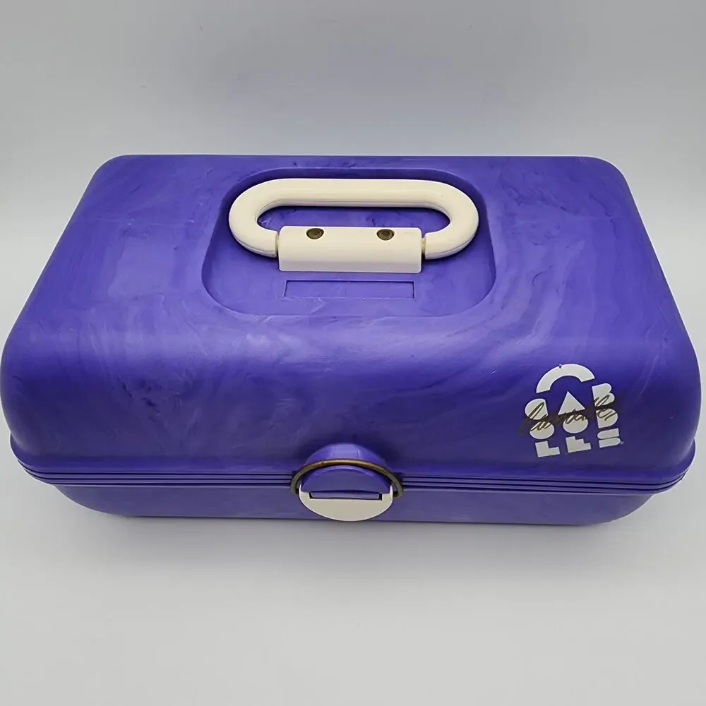 Vintage 90s Caboodles Makeup Case Purple Swirl Mirror Slide Out Trays 3 Tier USA